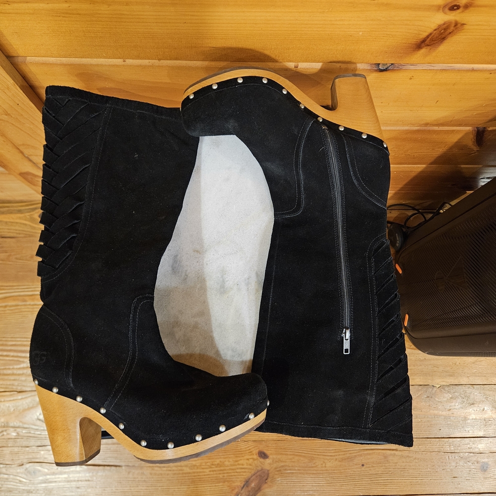 UGG Black Suede Mules with Wooden Heel Size 10.